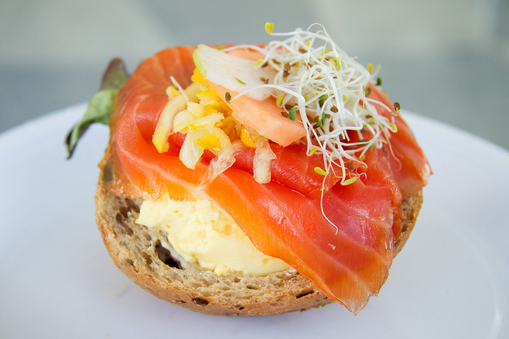 open-faced smoked salmon & egg sandwich with mixed greens & sproutsphoto by roboppy