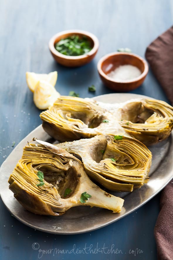 oven braised artichoke with garlic and thyme