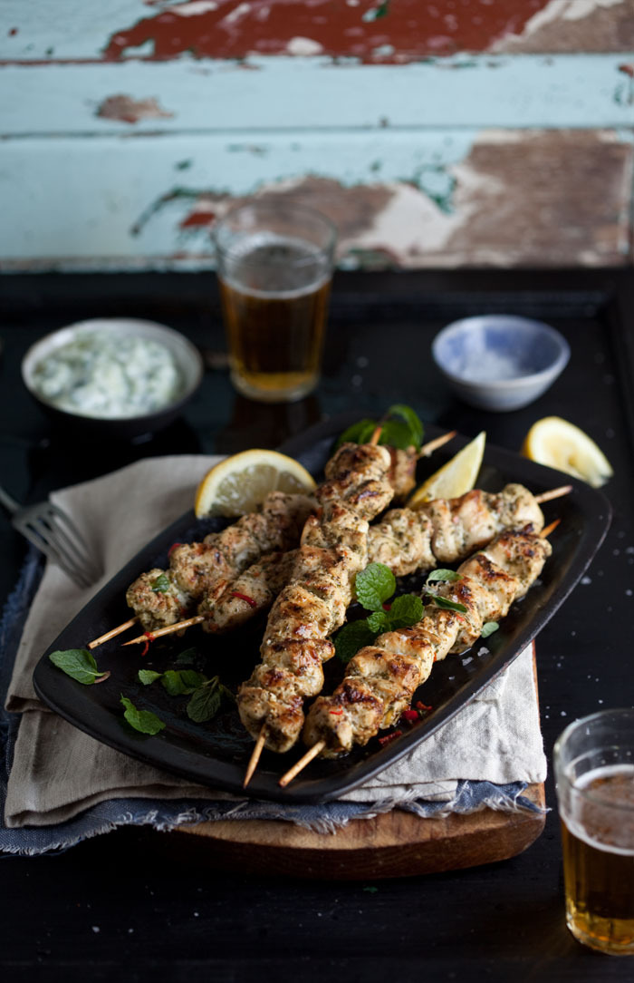 Grilled chicken kebabs with lemon, chili and mint and homemade tzatziki
