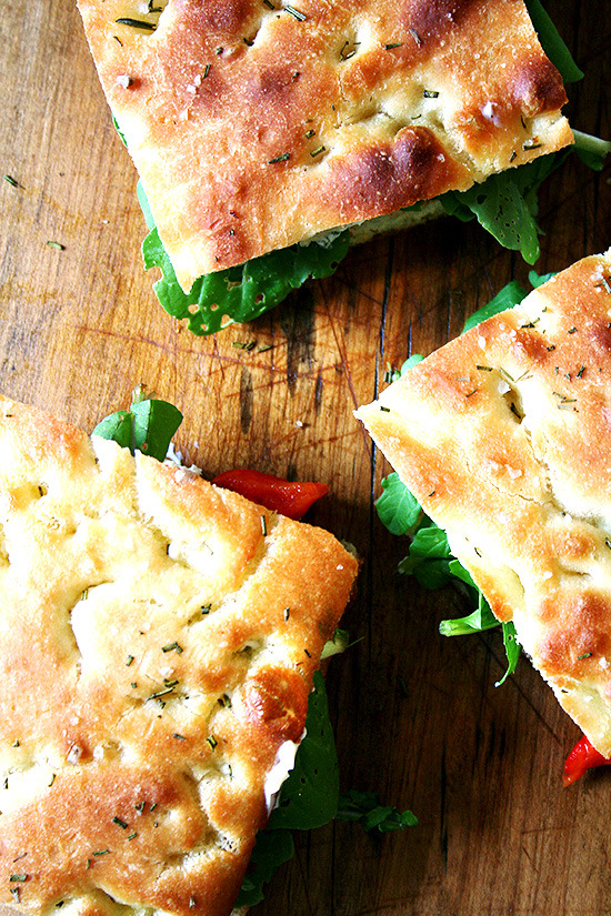 Focaccia, Roasted Red Pepper and Arugula Sandwiches