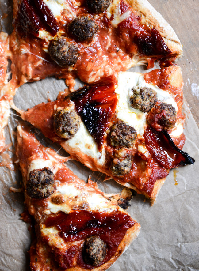 Mini Meatball Pizza with Fresh Mozzarella + Roasted Red Peppers
