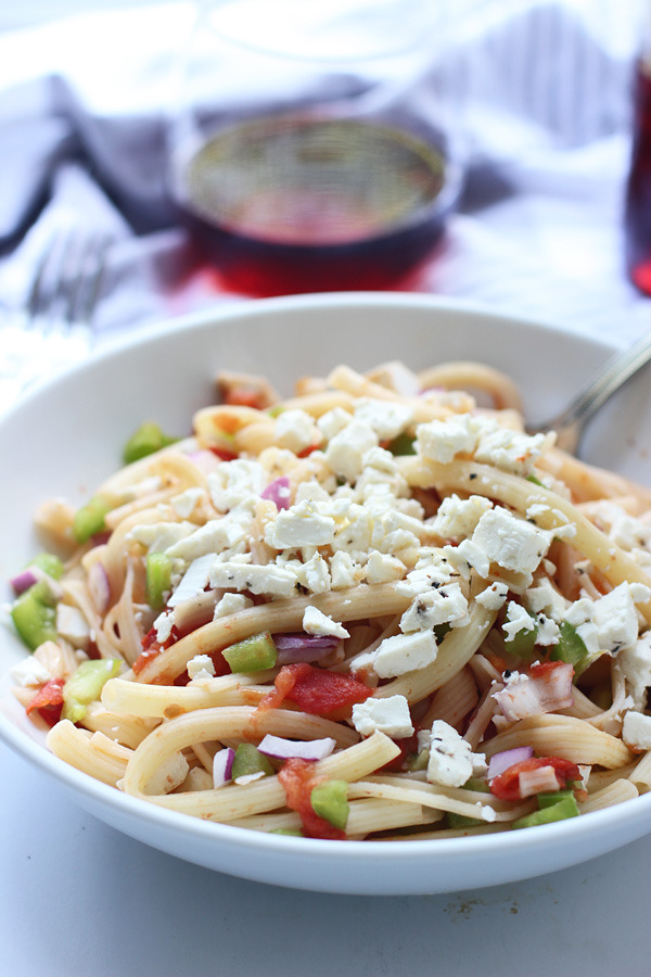Greek Pasta with Tomatoes, Wine and Feta